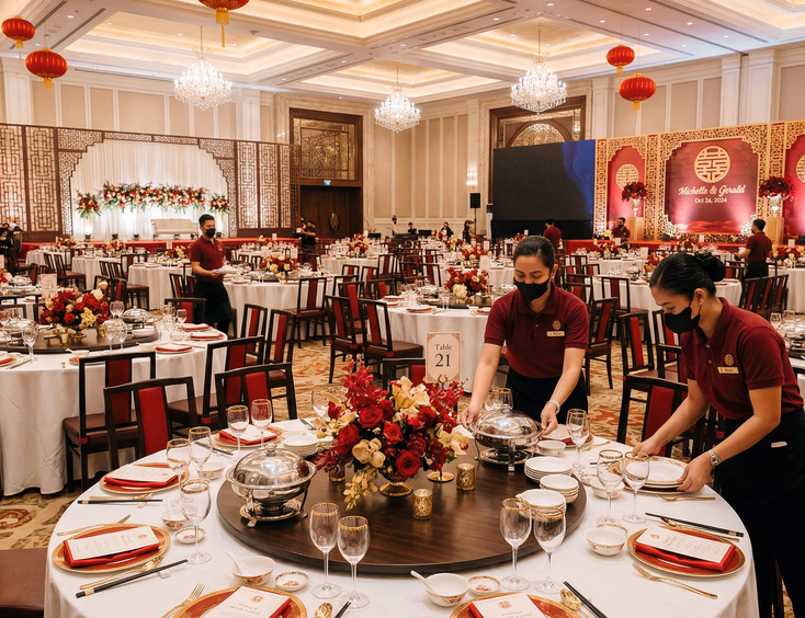 Grand Chinoy wedding banquet hall in the Philippines fully set with round tables, lazy Susans, white linens, red and gold centerpieces, and Filipino catering staff placing covered dishes beneath hanging red lanterns