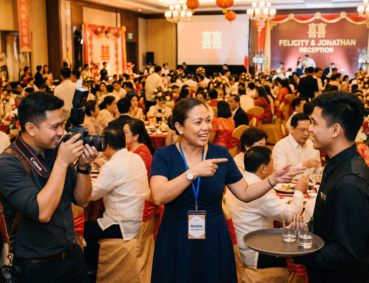 Filipino wedding coordinator directing a photographer and catering staff member mid-reception inside a warm golden banquet hall filled with formally dressed guests and red and gold Chinoy wedding decor