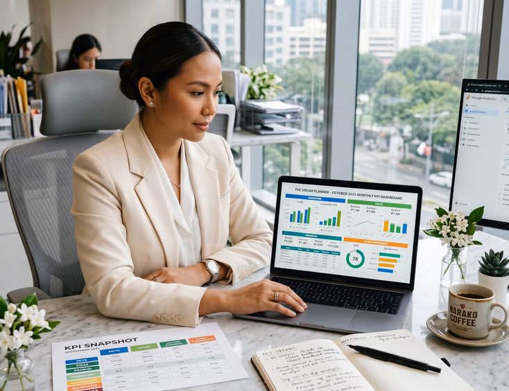 Filipino wedding planner reviewing a monthly KPI dashboard on her laptop in a Makati office.