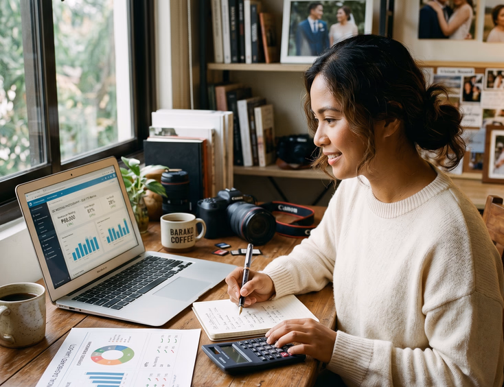 Filipino wedding photographer tracking financial metrics and profit margins in her Quezon City studio.