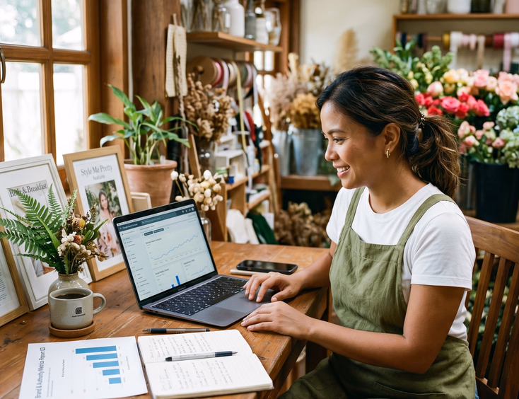 Filipino wedding florist tracking brand metrics and search trends on a laptop in her Pasig studio.