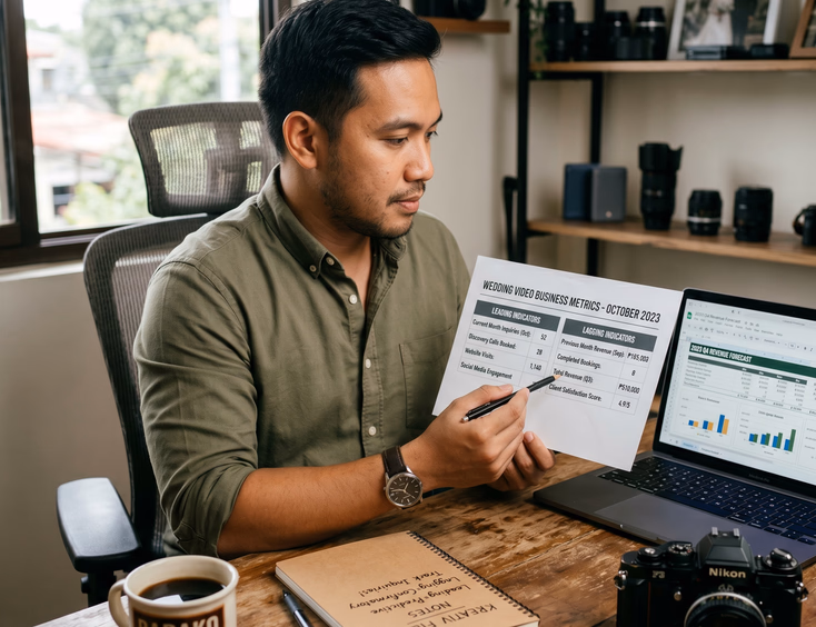 Filipino wedding videographer analyzing leading and lagging business indicators in his Marikina studio.