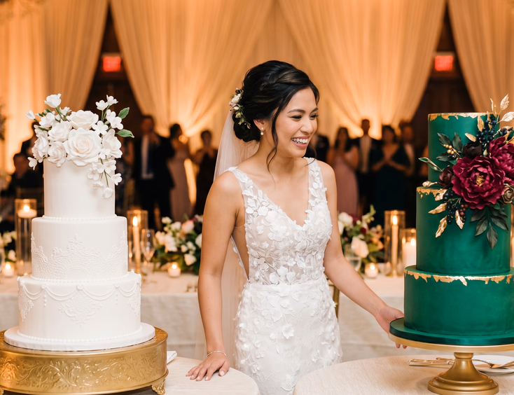 Filipino bride standing between a white fondant lace wedding cake and a deep emerald green fondant cake with burgundy sugar peonies and gold leaf accents in an elegant hotel ballroom