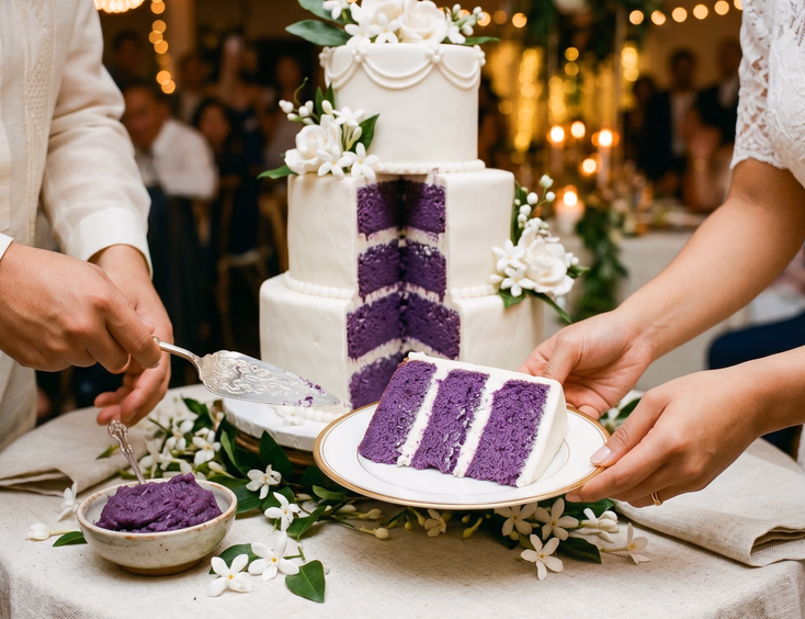 Close-up of a sliced three-tier wedding cake revealing vibrant purple ube sponge layers with white ube cream cheese frosting, with a Filipino couple's hands and scattered sampaguita flowers visible on the reception table