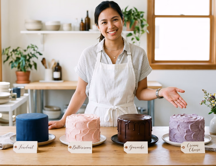Filipino baker presenting four single-tier sample wedding cakes in navy fondant, pastel pink buttercream, dark chocolate ganache, and ube cream cheese finishes with handwritten labels in a bright bakery studio