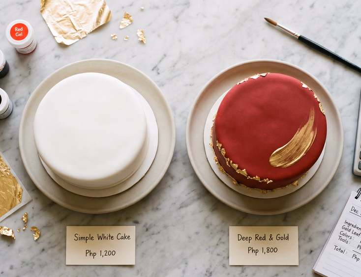 Top-down flat lay of a plain white fondant sample cake beside a deep red fondant cake with gold leaf accents and hand-painted brushstroke, with peso price tags and budget notes on a marble surface