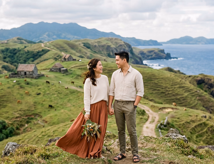 Filipino couple posing on rolling hills in Batanes, Philippines, for travel prenup.