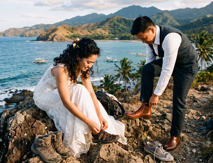 Filipina bride changing into sturdy sandals at beach prenup shoot in Philippines.