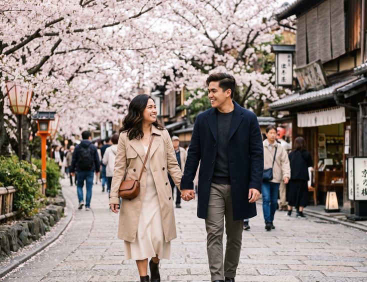 Filipino couple in modern coats walking among cherry blossoms in Japan for prenup shoot.