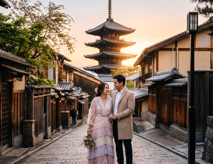 Filipino couple posing at sunrise in Kyoto, Japan, for destination prenup.