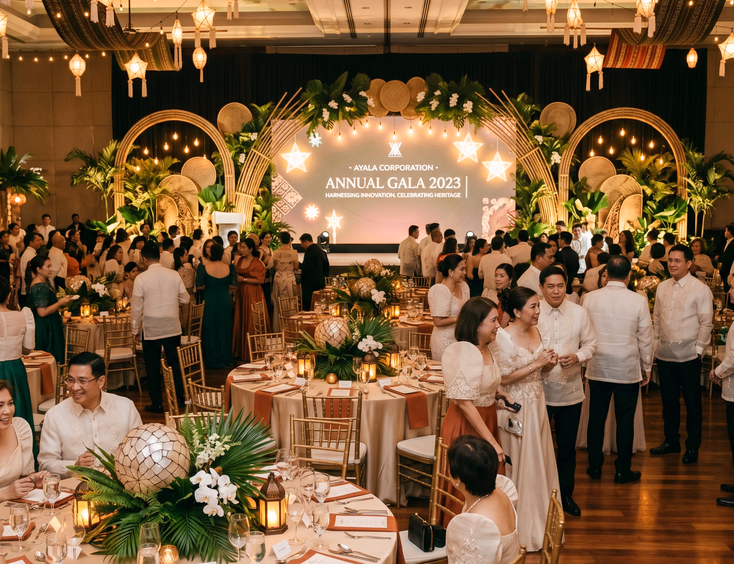 Modern Filipiniana corporate gala with guests in terno gowns and barongs, featuring capiz shell centerpieces and bamboo arches.