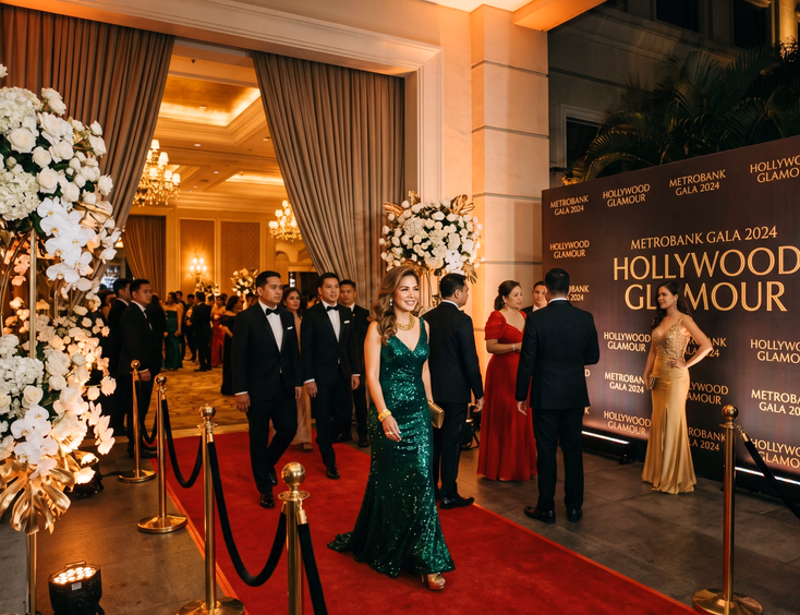 Hollywood glamour-themed corporate event with a red carpet entrance, branded gold photo wall, and Filipino guests in formal attire.