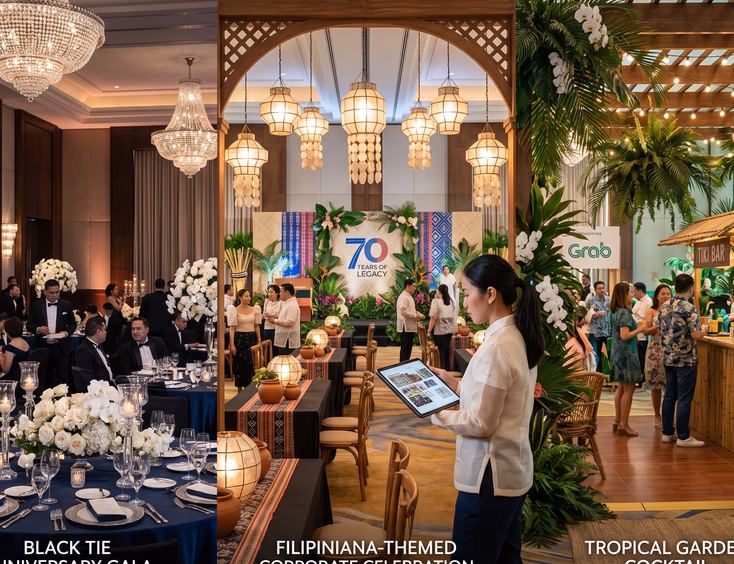 Composition of three corporate event themes: black tie gala, modern Filipiniana, and a tropical garden party with a creative director.