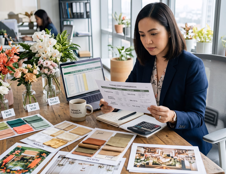 Filipina event planner reviews theme styling costs and a budget spreadsheet with fabric swatches and floral samples at an office table.