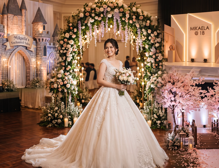 A Filipina debutante in an ivory ball gown stands in a ballroom featuring fairytale, garden, modern, and Korean cherry blossom themes.