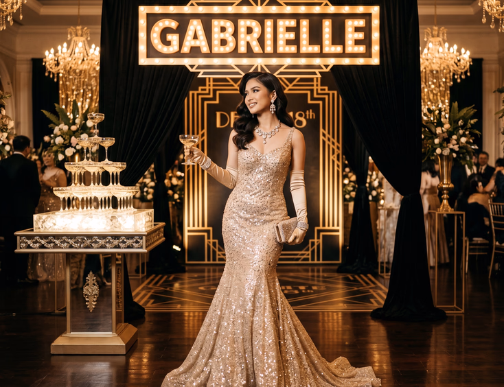 Filipina debutante in a champagne mermaid gown poses for an Old Hollywood theme with an Art Deco backdrop, marquee lights, and champagne tower.