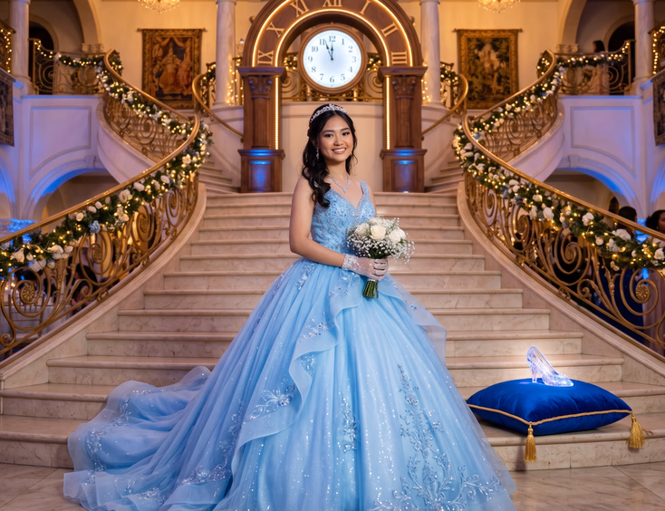 Filipina debutante wears an ice-blue Cinderella gown in a fairytale castle setting with a grand staircase, glass slipper, and midnight clock.