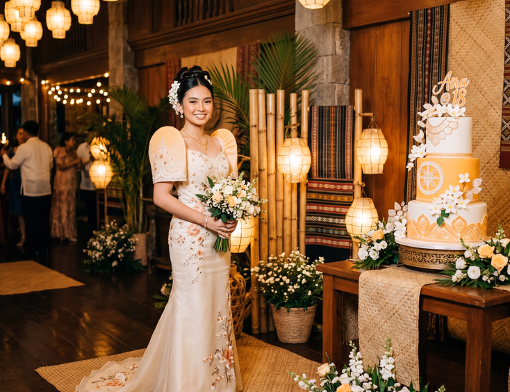 A Filipina debutante in a modern terno gown with butterfly sleeves stands in a Filipino heritage venue with capiz lanterns and native decor.