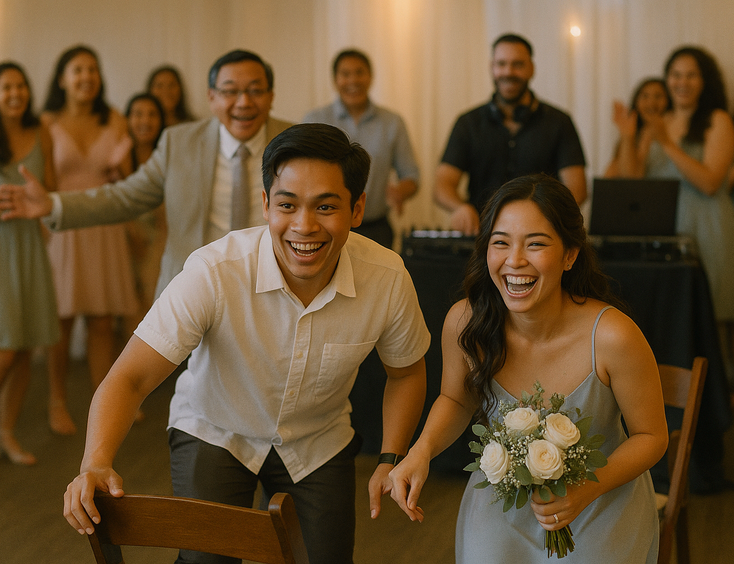 Couple joins the first round with a ninong pausing music and a bouquet waiting on the final chair