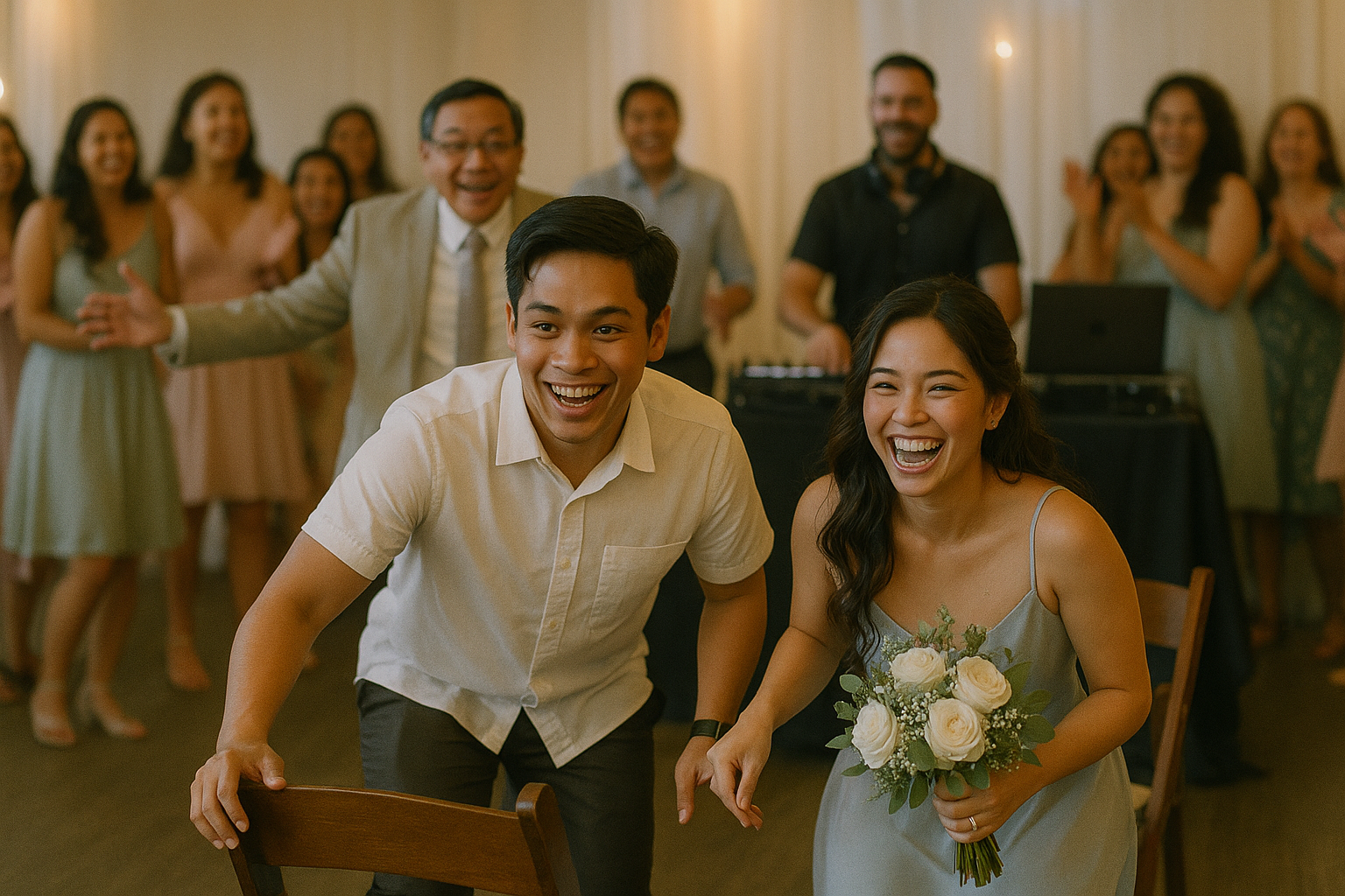 Couple joins the first round with a ninong pausing music and a bouquet waiting on the final chair