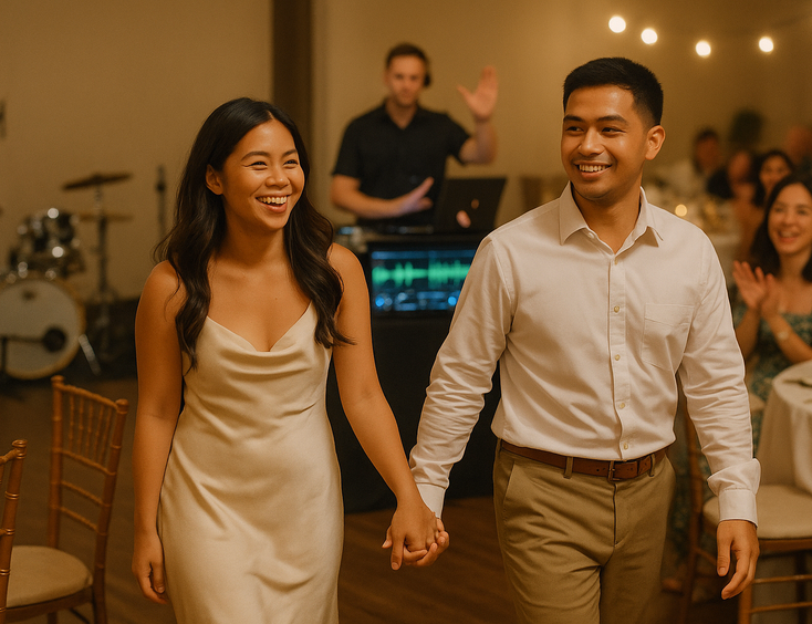 Couple and guests circle chairs while the DJ cues crisp stops for lively rounds