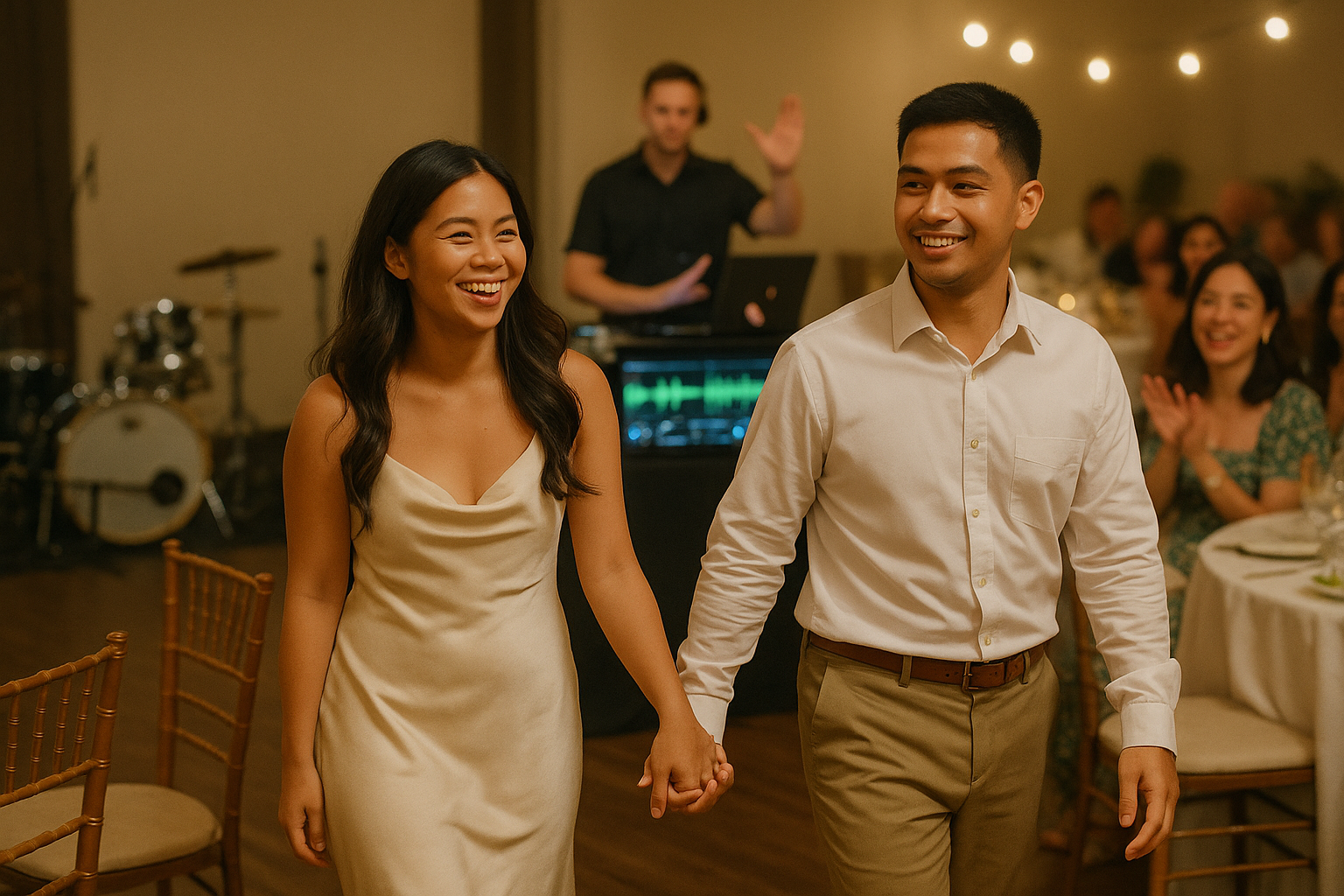 Couple and guests circle chairs while the DJ cues crisp stops for lively rounds