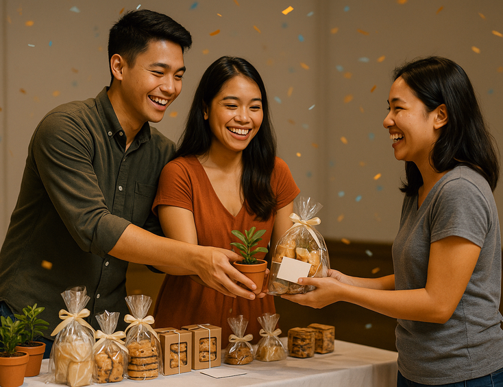 Young Filipino couple awarding mini plants candles cookies and gift cards to a happy winner
