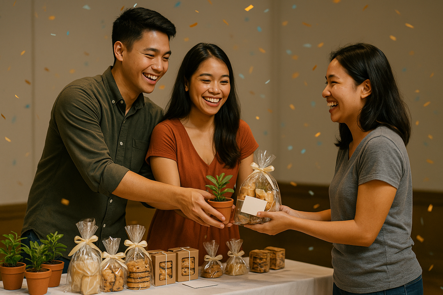 Young Filipino couple awarding mini plants candles cookies and gift cards to a happy winner