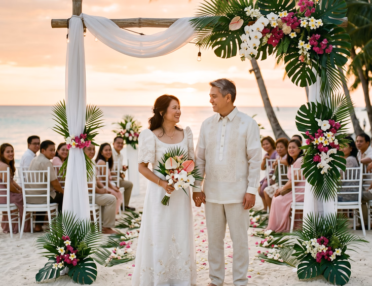 Filipino couple in elegant beachwear renewing vows on a Boracay beach at sunset.