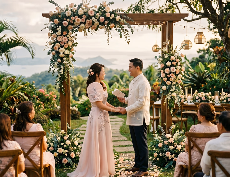 Tagaytay garden vow renewal featuring a couple in modern Filipiniana under a floral arch.
