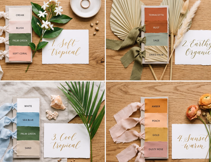 Four tropical wedding color palette inspiration boards with fabric swatches and natural elements.