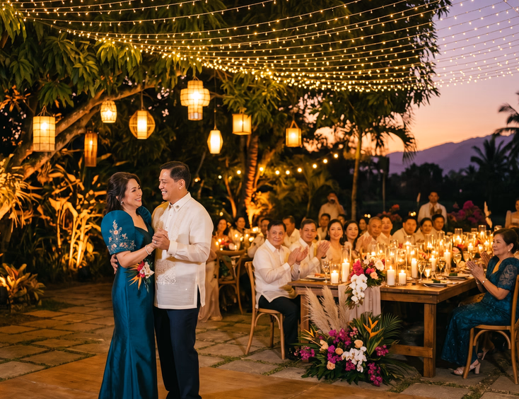 Evening Filipino vow renewal reception in a garden setting with string lights and dancing.