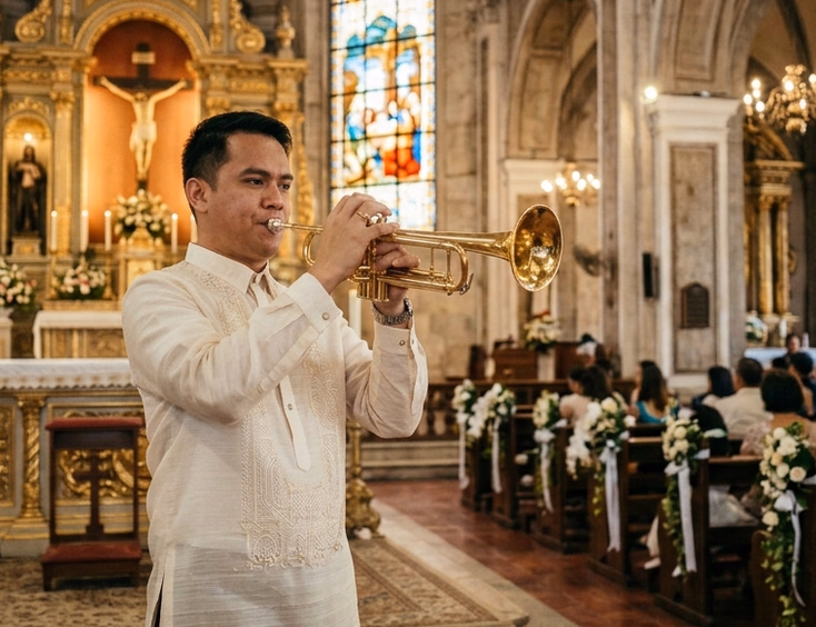 Filipino trumpet soloist in a cream barong tagalog playing near the altar of a grand Catholic church during a wedding with stained glass light and floral pew decorations
