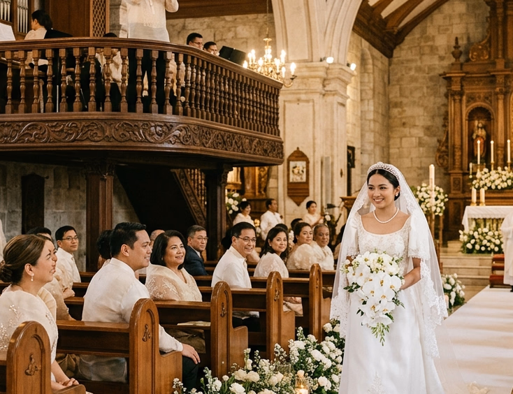 Filipino bride walking down the church aisle while a trumpet soloist plays from the balcony loft above with guests in filipiniana and barong tagalog looking on