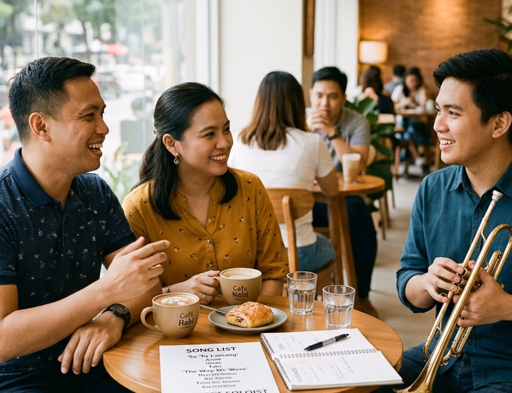 Filipino couple smiling while meeting a trumpet soloist at a bright Manila cafe to review a printed song list and calendar planner