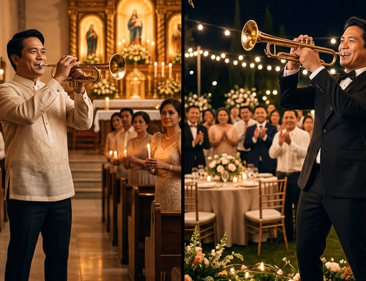 Split image of a Filipino trumpet soloist performing inside a candlelit Catholic church on the left and at an elegant outdoor wedding reception on the right