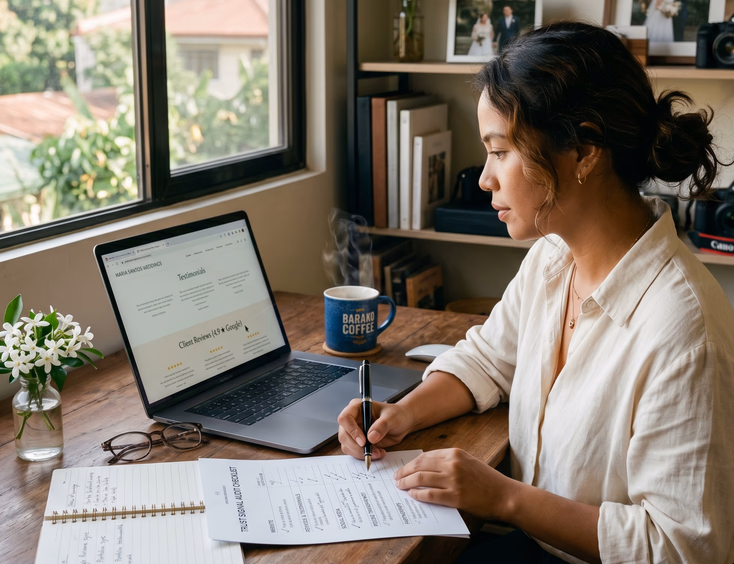 Filipino wedding photographer in her Quezon City home studio auditing her website's trust signals on a laptop.