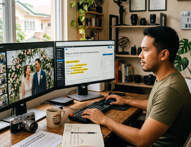 Filipino wedding videographer in his Marikina studio publishing a wedding blog post with full supplier credits.