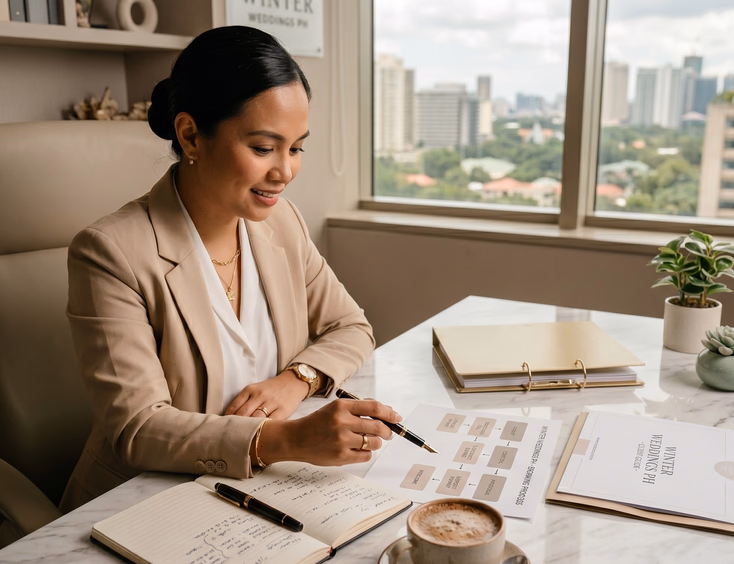 Filipino wedding coordinator in her Makati office reviewing a printed booking process flowchart at her desk.