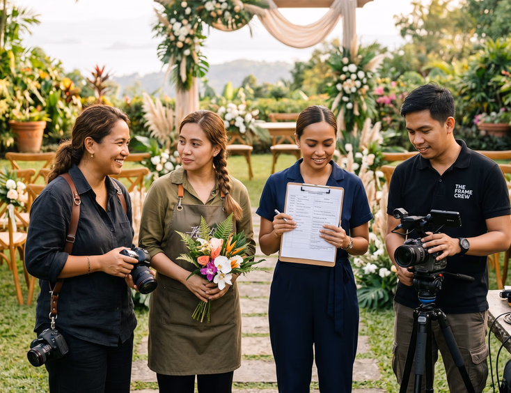 Filipino wedding suppliers collaborating on a wedding ceremony setup at a Tagaytay garden venue.