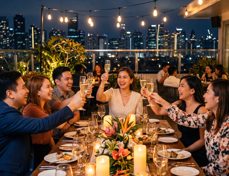 Filipino friends in their early 30s celebrate with a champagne toast at a stylish Metro Manila rooftop dinner with city skyline views.