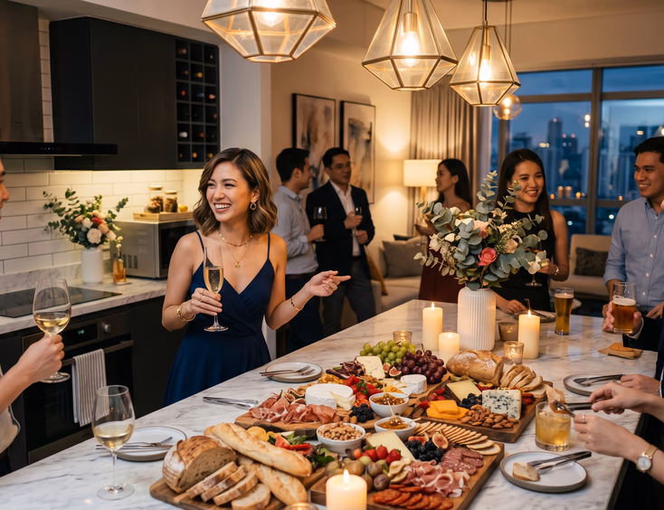 Filipina celebrant in a chic cocktail dress hosts friends for an intimate gathering in her modern condo, guests enjoying a grazing table.