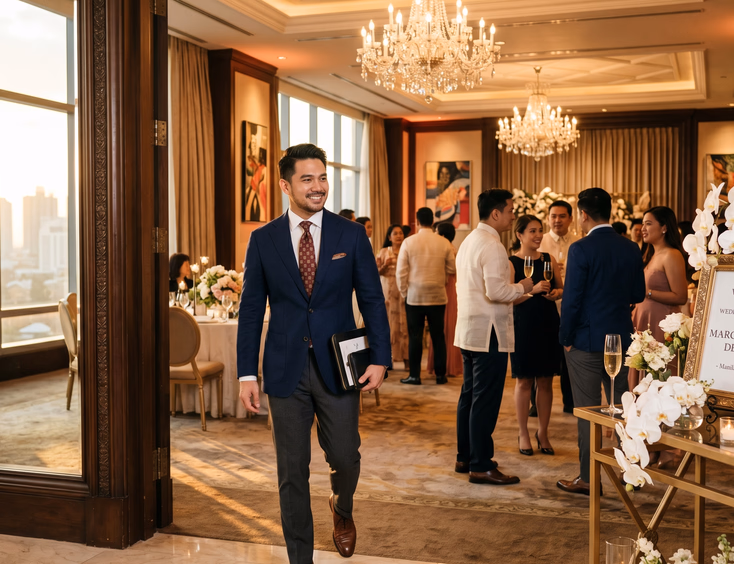 A 30-year-old Filipino man in a tailored blazer arrives at a sophisticated hotel celebration with mingling guests in a function room.