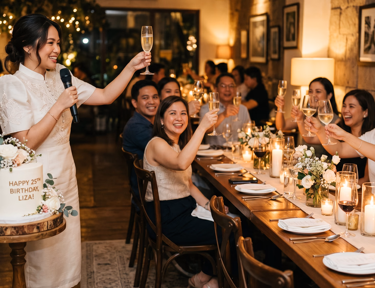 Filipina celebrant in a private dining venue gives an intimate toast to family and friends beside an elegant white floral cake at an evening celebration.
