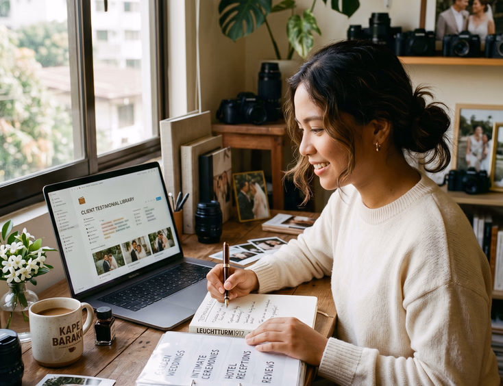 Filipino wedding photographer in her Quezon City home studio organizing a client testimonial library on her laptop.