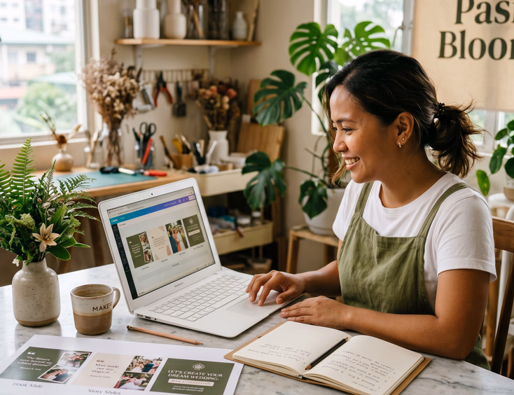Filipino wedding florist in her Pasig studio designing testimonial carousel slides on a laptop.