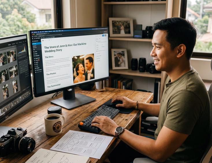 Filipino wedding videographer in his Marikina studio building a real wedding blog post with a couple's testimonial.