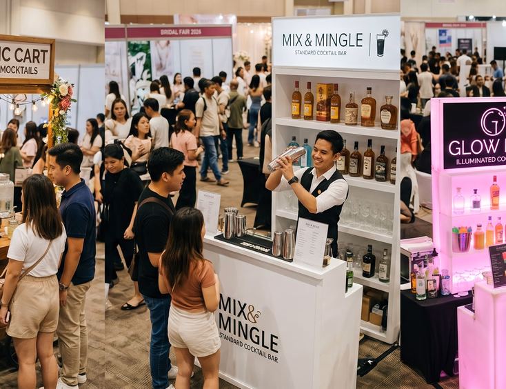 Three mobile bar setups at a Filipino bridal fair featuring a rustic wooden cart, a sleek white cocktail bar, and a neon LED bar with attendees browsing