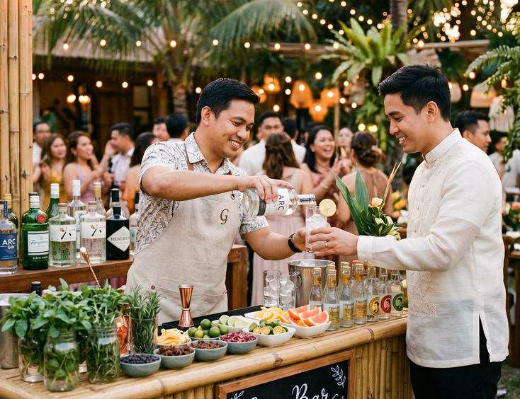 Outdoor gin station at a Filipino wedding reception with botanical garnishes and a bartender serving gin and tonic to a guest in barong tagalog under string lights