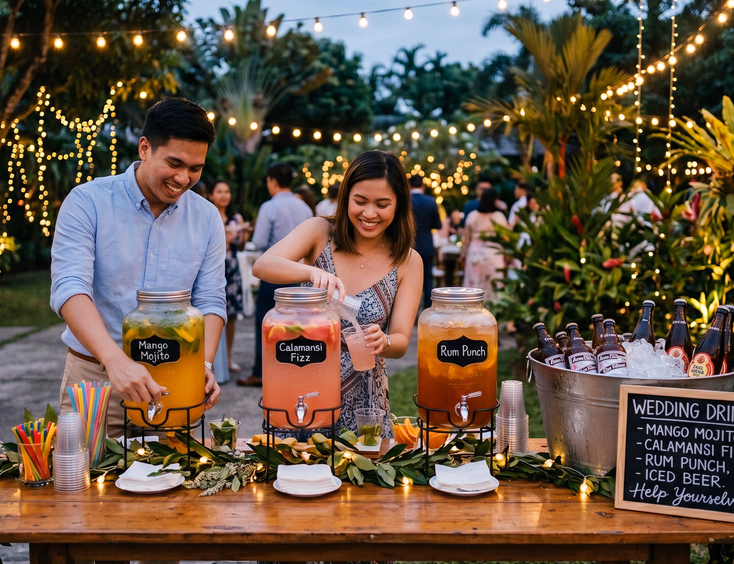 Self-serve drink station at a casual outdoor Filipino wedding after-party with cocktail dispensers, iced beer bottles, and guests pouring their own drinks at dusk